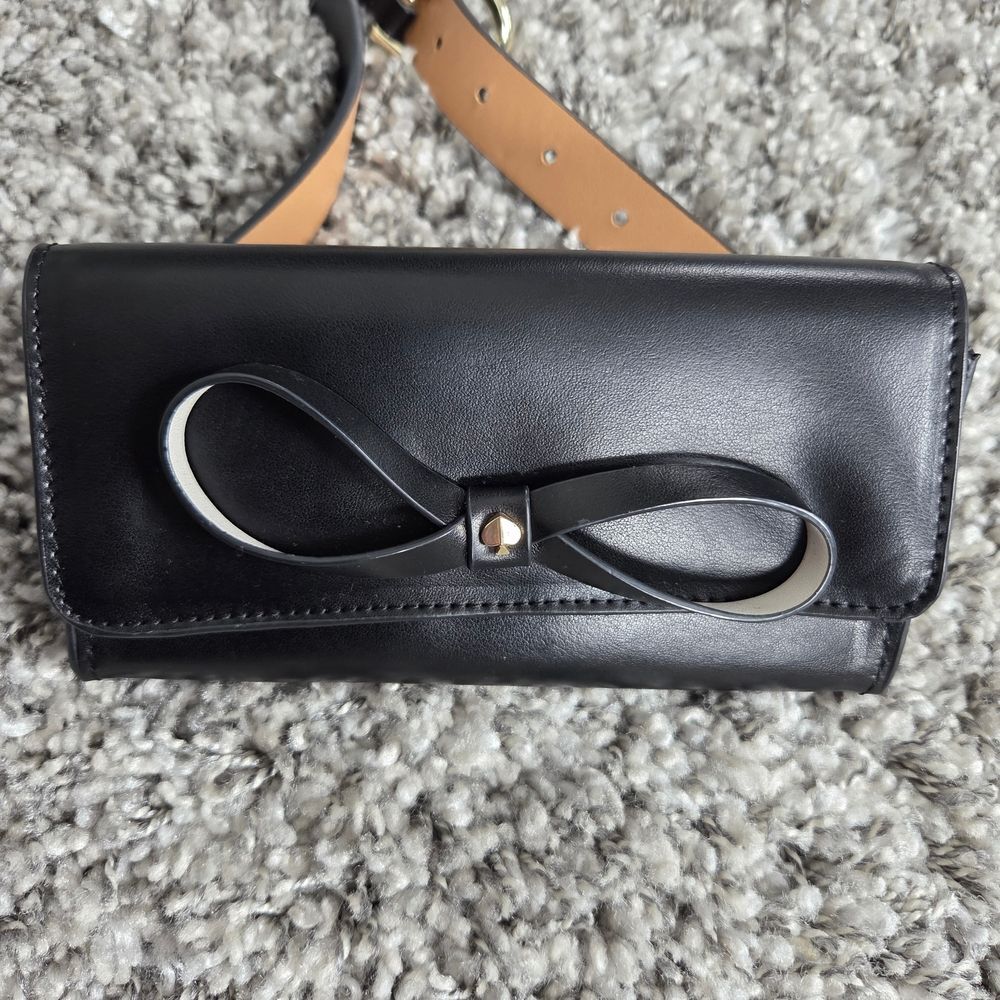 Kate Spade New York Black Leather Belt Bag with Bow Accent, Gold Hardware
